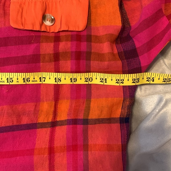 BiBi Vibrant Plaid button down double chest pockets S orange pink linen cotton S - Picture 6 of 7